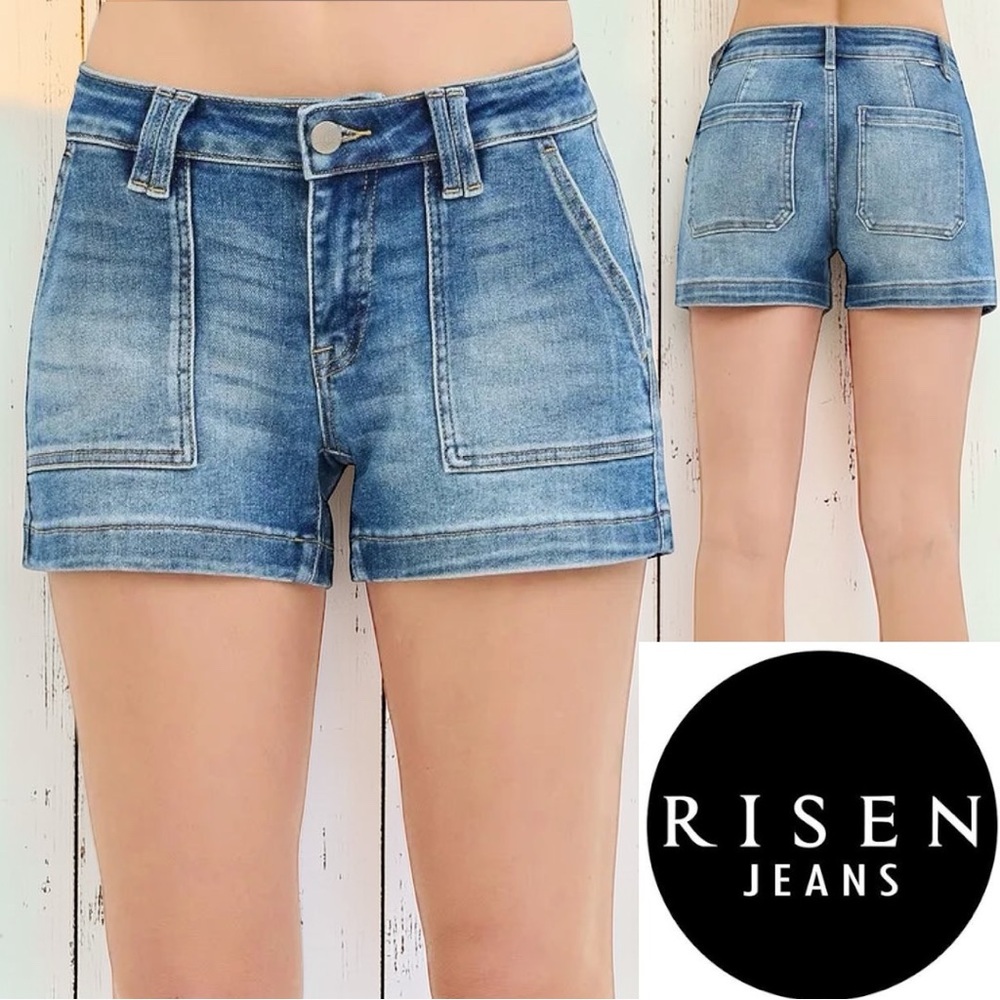 Risen Low Rise Patch Pocket Shorts Medium Wash Denim Cuffed Summer NWT